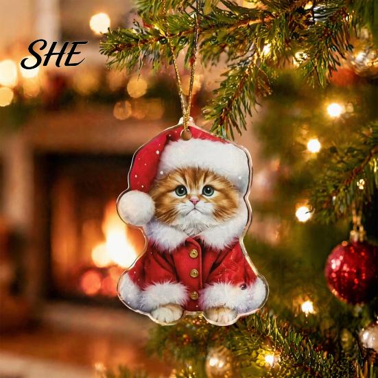 Christmas Gift Decorations Cute Cat Ornaments, 2D Wooden Cartoon Tree Hanging Decor for Winter Holiday Party Home Pendants Trees