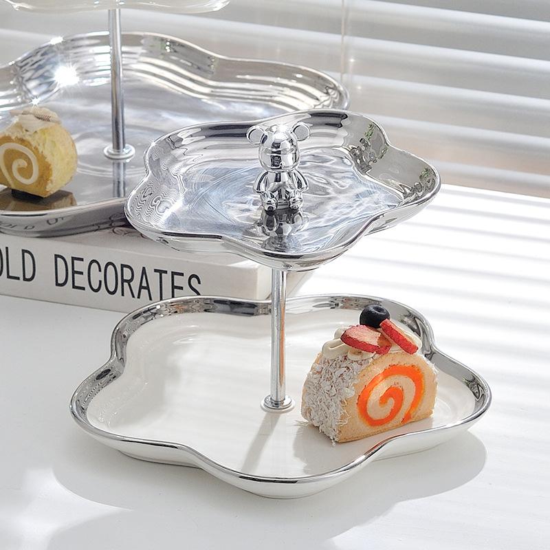 

Творческий послеобеденный чай трехъярусная или двухъярусная керамическая тарелка серебряного цвета для десерта на свадьбу, день рождения, фруктовый торт As picture