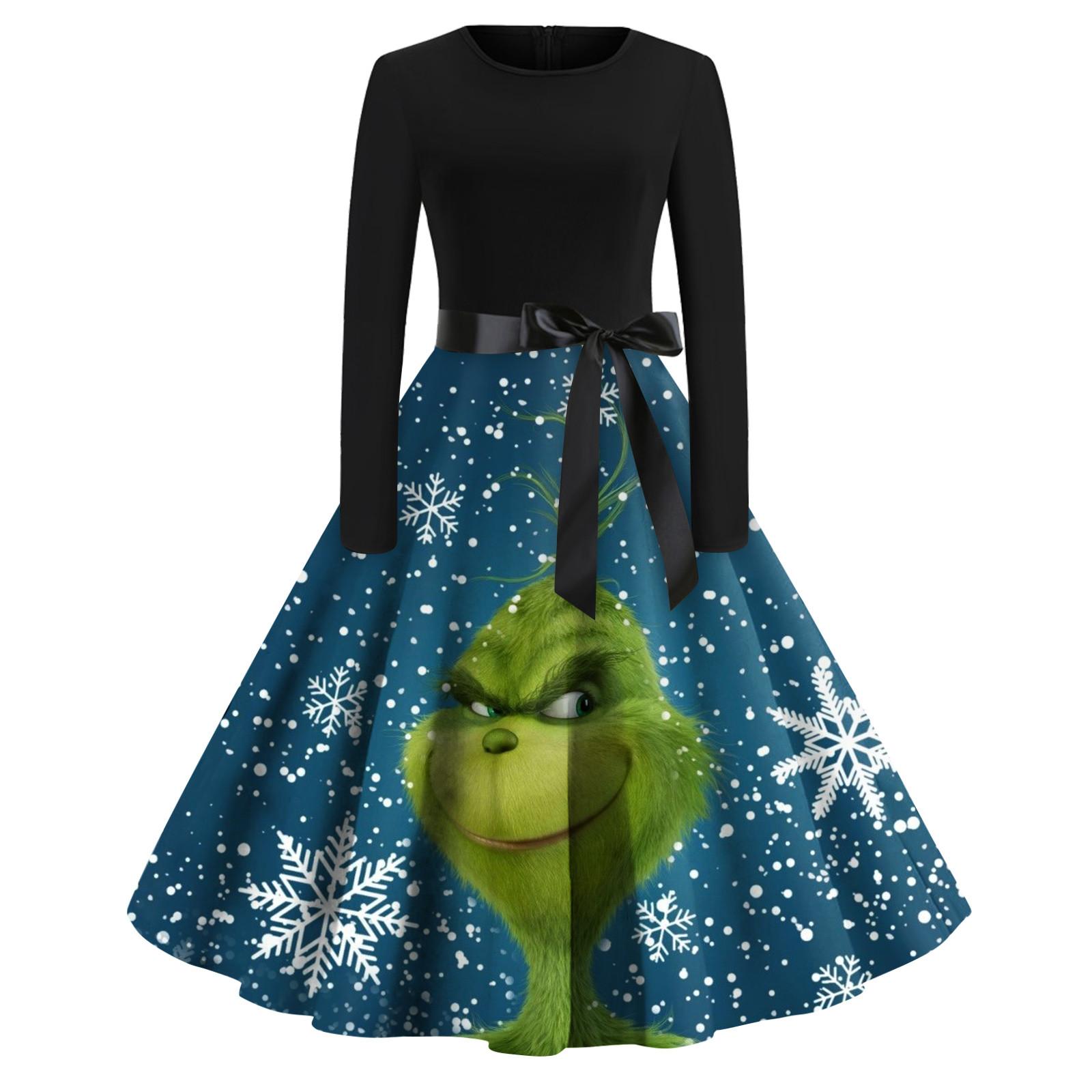 

Женское рождественское расклешенное платье с принтом для женщин, платье с длинным рукавом, вечерние повседневные платья M