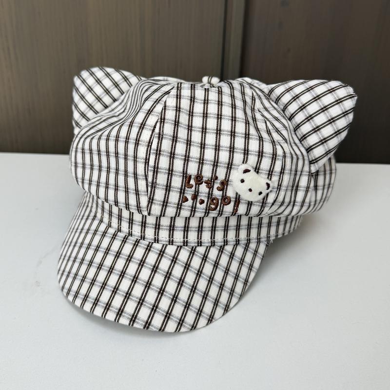 Cute Bear Plaid Ear Octagonal Hat Women Spring Summer Thin Sweet Face Slimming Beret Hat