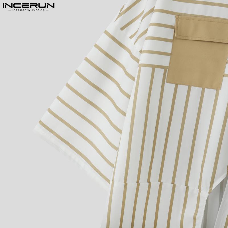 INCERUN Men Casual 3/4 Sleeve Round Neck Splits Striped Print Oversized T-Shirts Tops