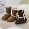 Kids Winter Warm Faux Suede Snow Boots With Buckle Strap Mid-Calf Unisex Childrens Cold Weather Footwear