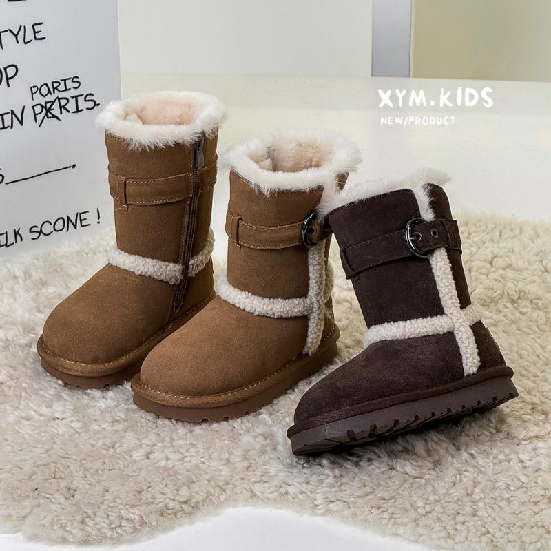 Kids Winter Warm Faux Suede Snow Boots With Buckle Strap Mid-Calf Unisex Childrens Cold Weather Footwear