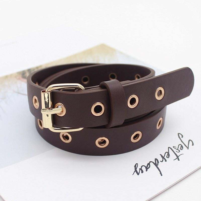 

Жіночий шкіряний ремінь з круглою металевою шпилькою з круглим поясом із модним рядком втулки на поясі кавовий