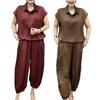 Women's Loose Two-Piece Outfit Lapel V Neck Short Sleeve Top Long Pants Set Summer Casual Lounge Suit