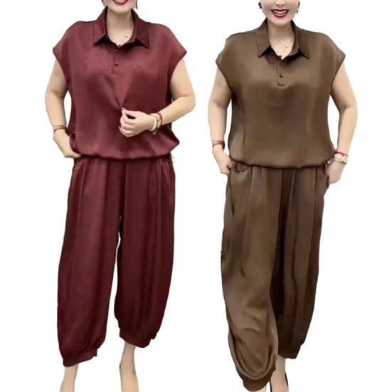 Women's Loose Two-Piece Outfit Lapel V Neck Short Sleeve Top Long Pants Set Summer Casual Lounge Suit