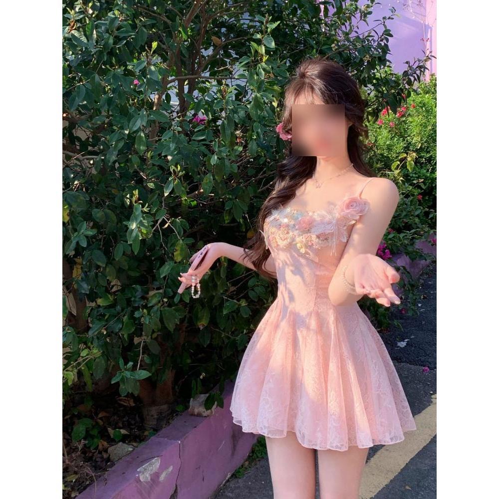 

Сладкое трехмерное платье-сарафан из сетки с цветами, весна и лето, новое повседневное платье с завышенной талией и тонкое платье феи XL- (recommended 110-60kg)