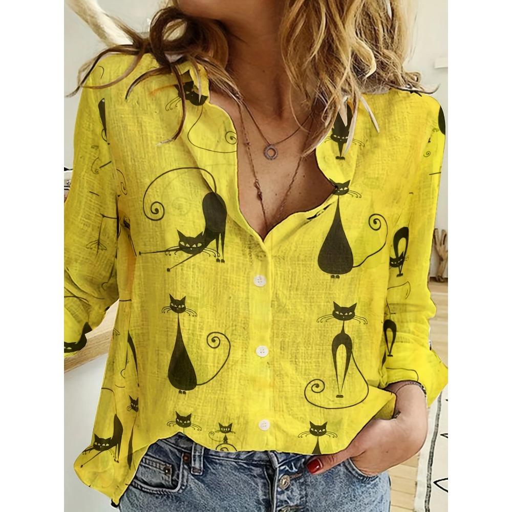 Women's Shirt Spring Fashion Clashing Color Patchwork Shirt Tops Blouse Temperament Sense Long Sleeve Cat Print Shirts