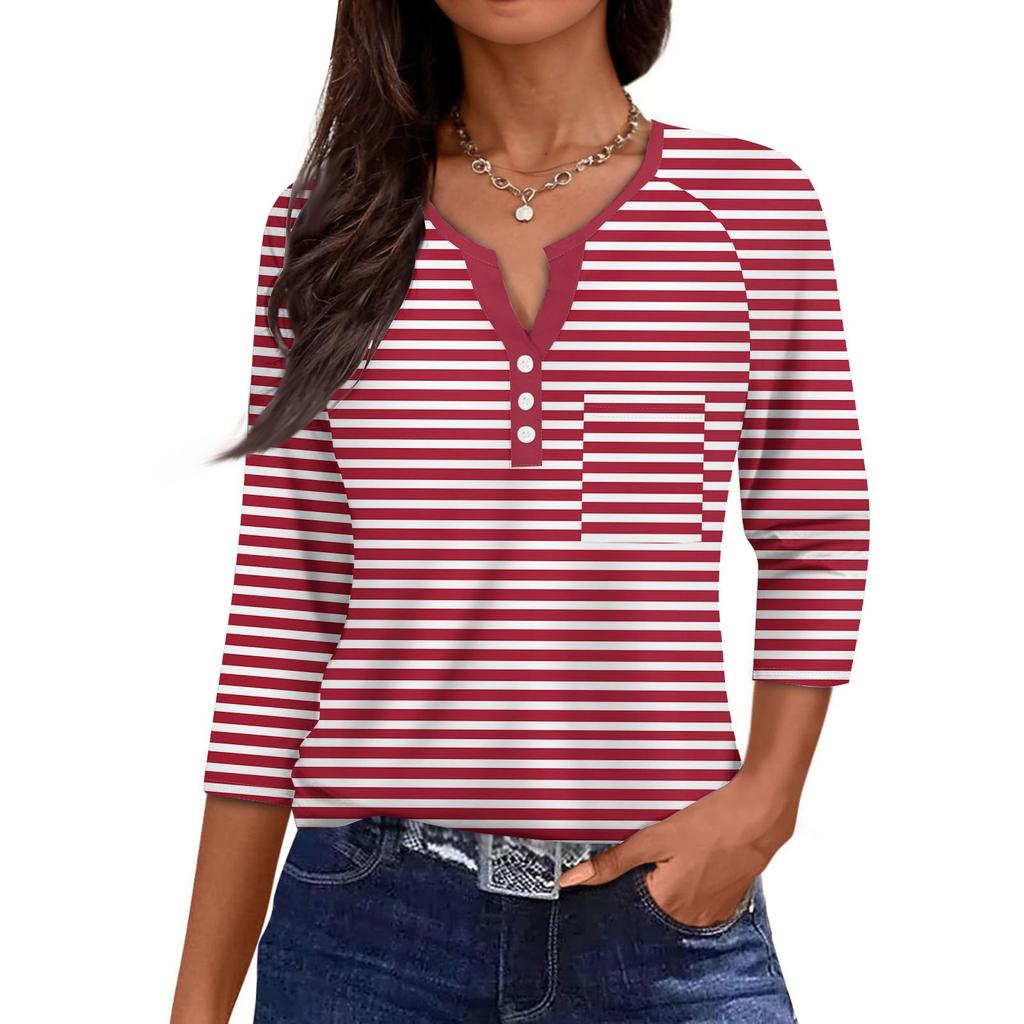 Ladies Casual Fashion V-neck Loose Versatile Striped Print Three-quarter Sleeves