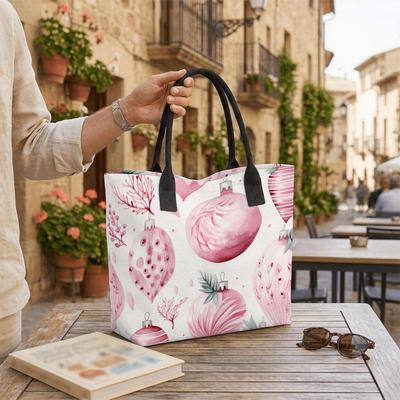 White Tote Bag Women Canvas Shopping Handbag with Pink Christmas Ornament Print Black Handles
