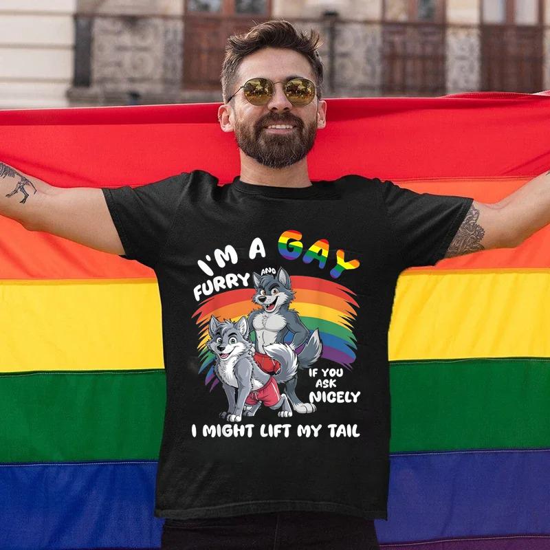 Unisex's Unisex's Fun Gay Furry Pride Month T-Shirt Rainbow Fox And Dog Pattern " I Am Gay" Streetwear Lgbtq Pride Tshirts Gifts