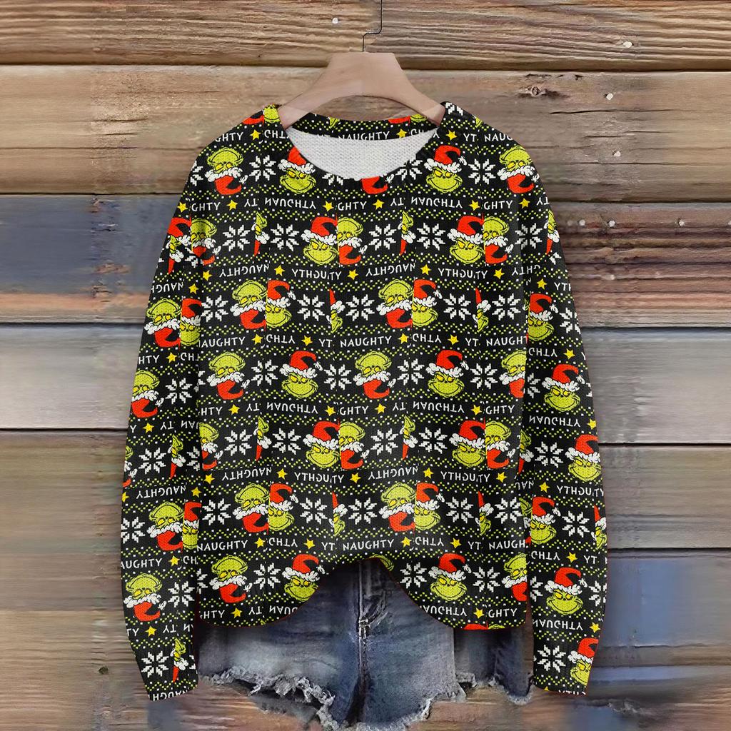 Long Sleeve Pullover Sweaters For Women O Neck Casual Cute Printing Knit Oversized Sweater