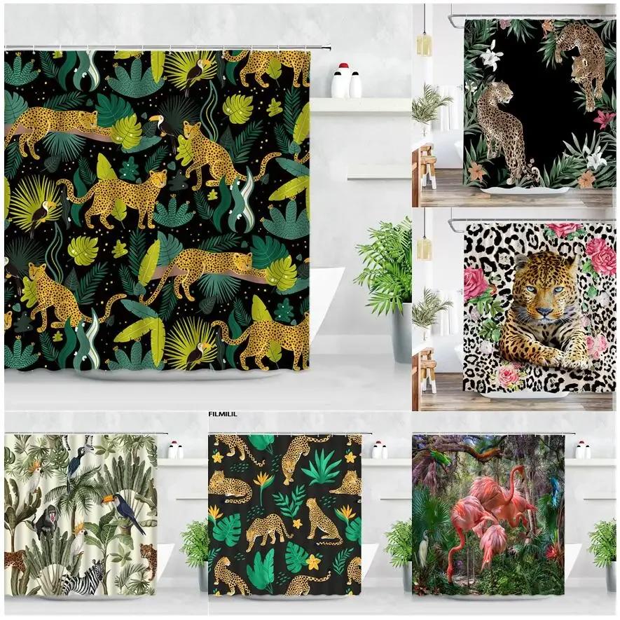 Dunika Chen Plant Africa Leopard Shower Curtain Tropical Palm Leaf Zebra Toucan Flamingo Jungle Wild Animal Bathroom Decor Bath Curtains Set