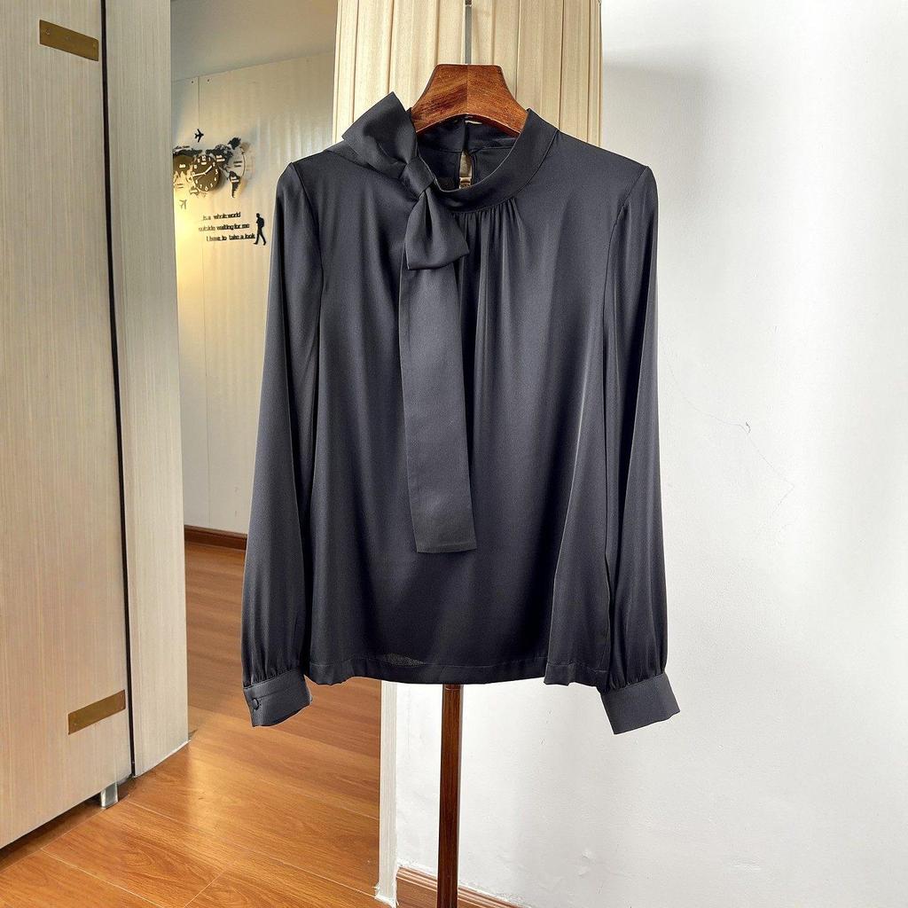 Women's Elegant Stand Collar Silk Bow Blouse, Long Sleeve, Mulberry Silk Ribbon, Commuting Style
