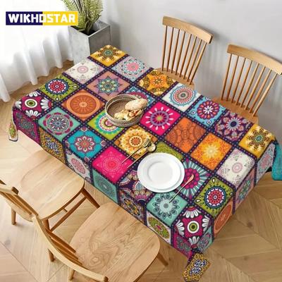 Rectangular Polyester Bohemian Tablecloth, Mandala, Bohemian Cycle, Colorful, Festival, Party, Home Decoration