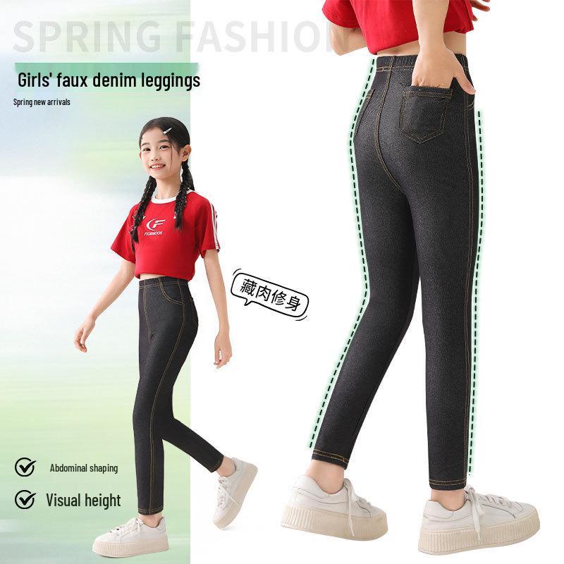 Stylische Mädchen Leggings im Slim Fit Look aus Imitation Denim für Frühling und Herbst: Elastische, Lange Hosen für Kinder