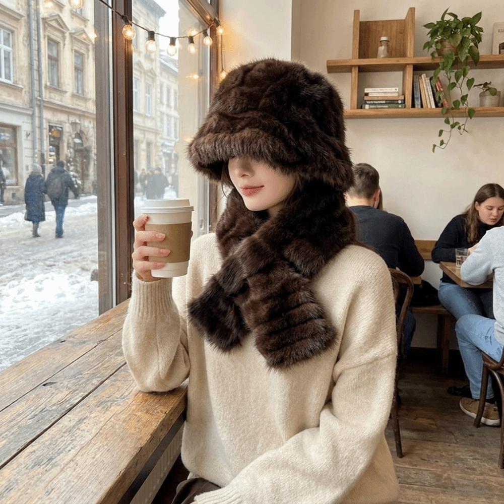 Windproof Winter Hat Scarf Set Thick Fur Snood Scarf Fashion Faux Fur Hat Scarf Set  Skiing Holiday