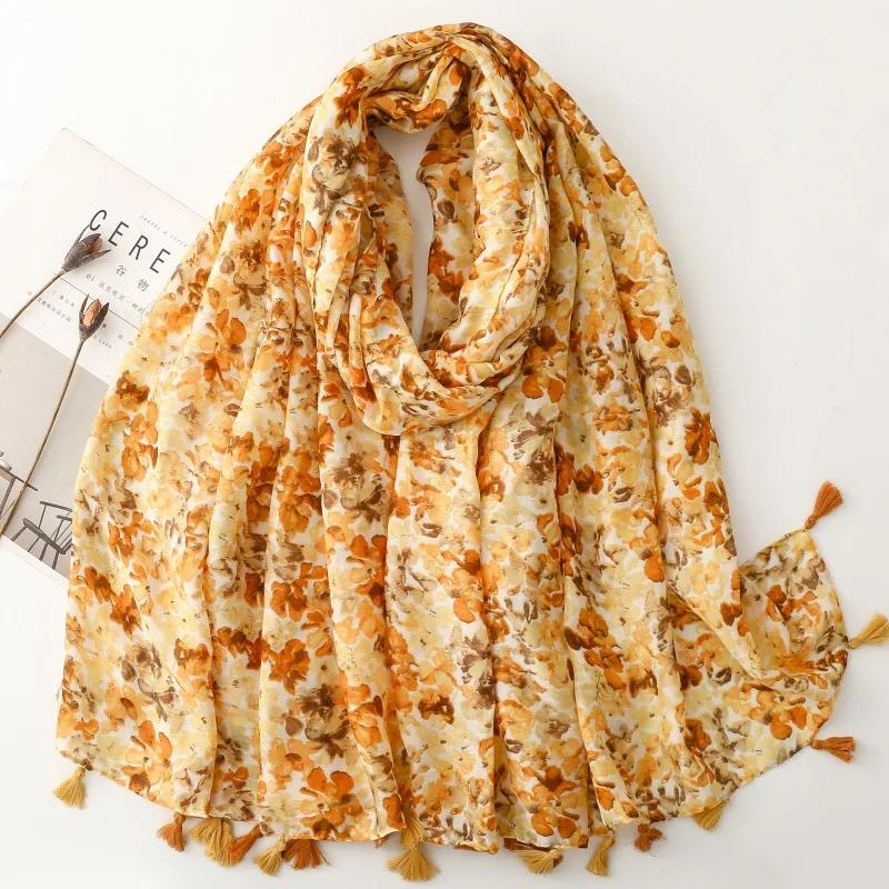

Элегантный женский шарф-шаль с цветочным принтом, кисточками, пашмина, мусульманский хиджаб, накидка, женский вискозный шарф, фуляр, шейный платок