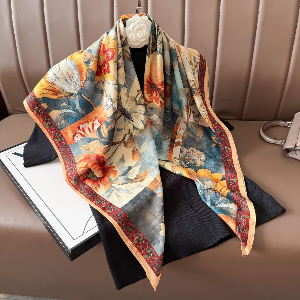 Retro oil painting 91 large square scarf silk scarf women's thin sunscreen spring and autumn headscarf scarf hair belt belt shawl