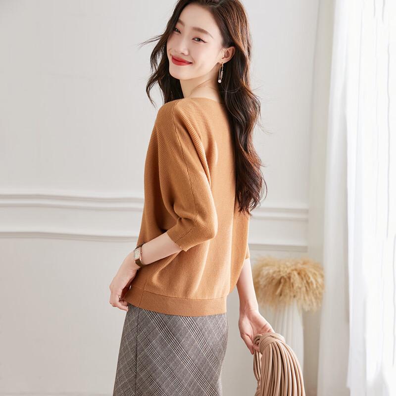 Pull en maille de laine à col rond, coupe ample et manches mi-longues pour femme Srcr