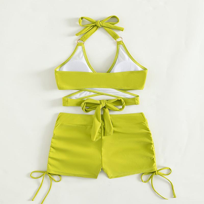 2024 Wielokolorowe Bikini z Krzyżowym Wiązaniem na Szyi i Szortami z Płaskimi Nogawkami dla Kobiet