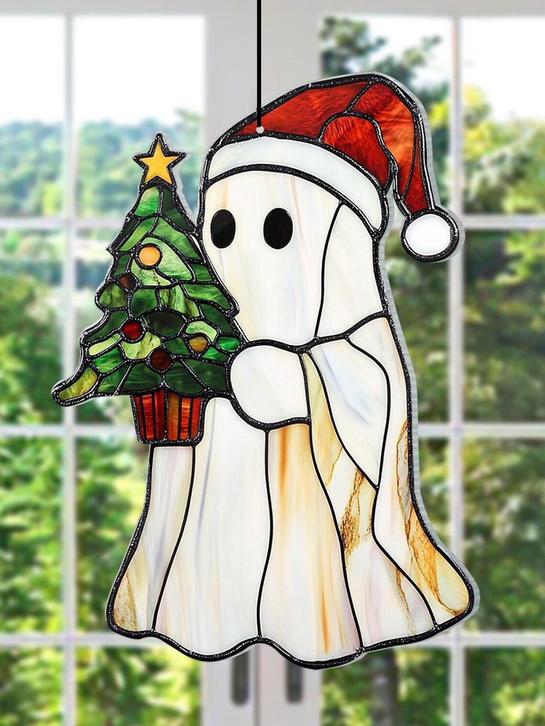 Acrylic Christmas Ghost Sun Catcher, Santa Hat&Christmas Tree Hanging Ornament, Window Decor Pendant for Home Festive Party Gift