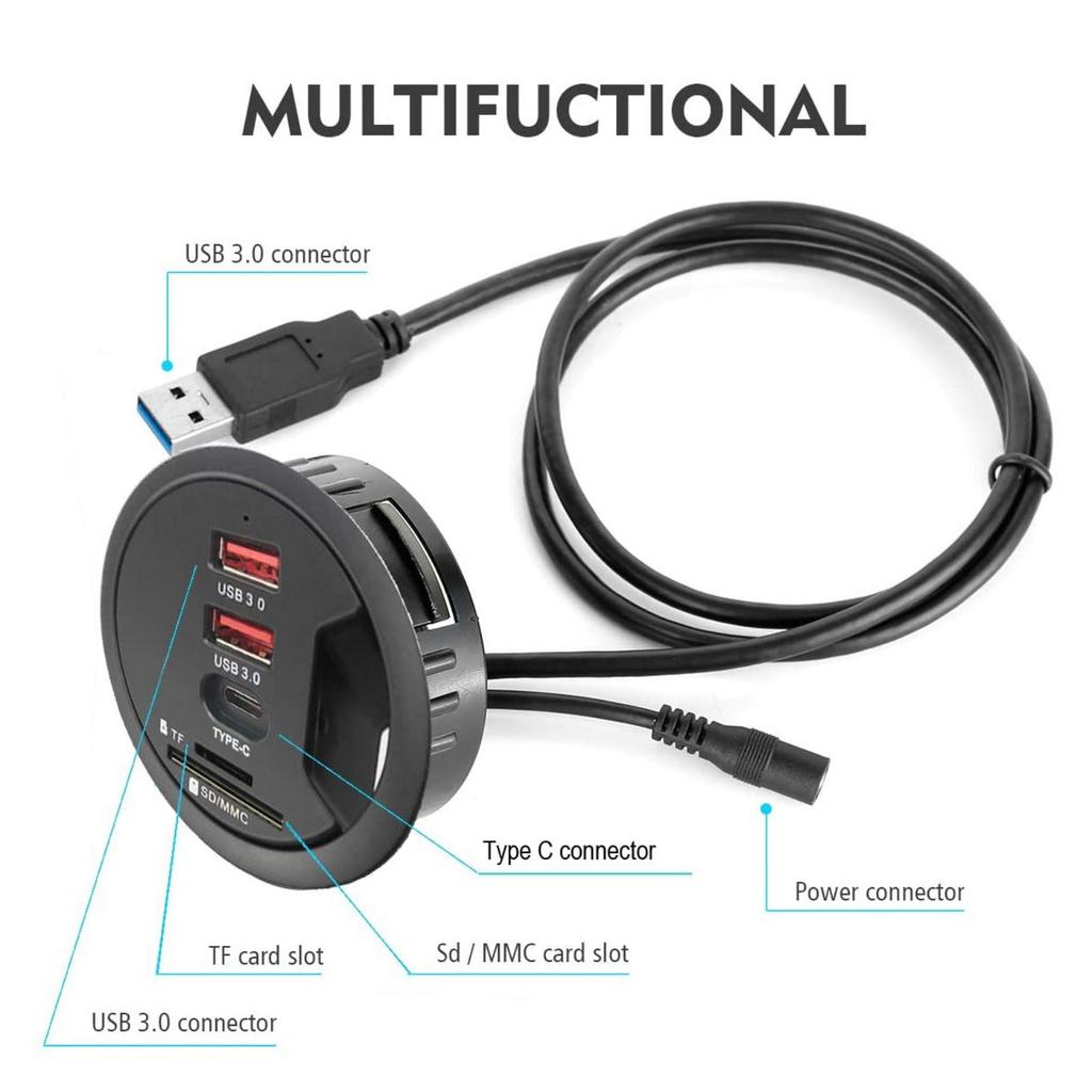 Tischtauglicher USB 3.0-Hub mit Tülle (Durchmesser 2,36" oder 60MM) 2 Port Typ-A und 1 Port Typ-C mit SD/TF-Kartenleser zum Laden und zur Datenübertragung