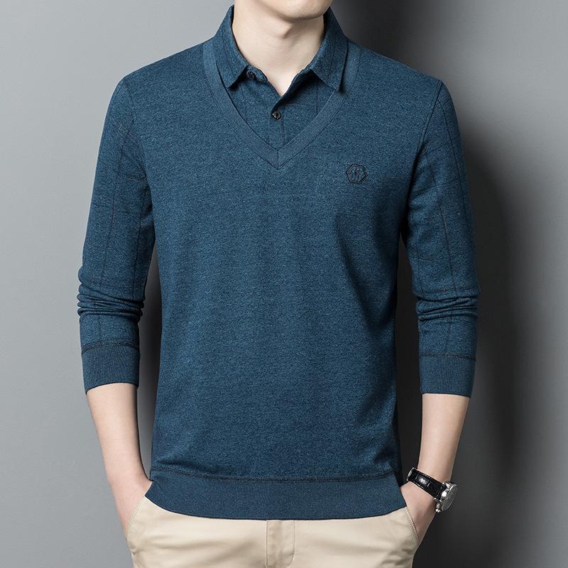 Fake Two-Piece Men's T-shirt Autumn and Winter New Middle-Aged Business Leisure Shirt Collar Bottoming Shirt