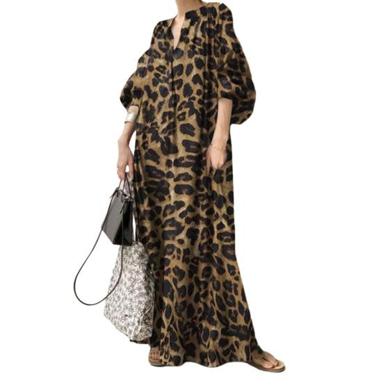 

Lady Maxi Dress Leopard Print Stand Collar Oversized Half Sleeve Bohemian Style M кофейный