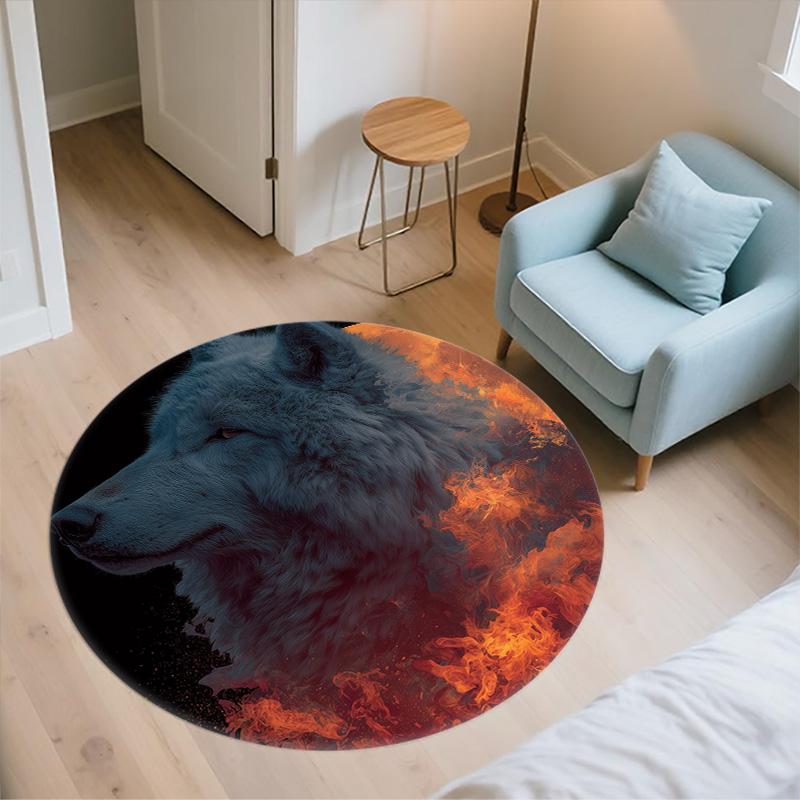 Flame Fox and Wolf,Round Area Rug,Carpet Rug for Living Room Bedroom Sofa Playroom Decor,Non-slip Floor Mat