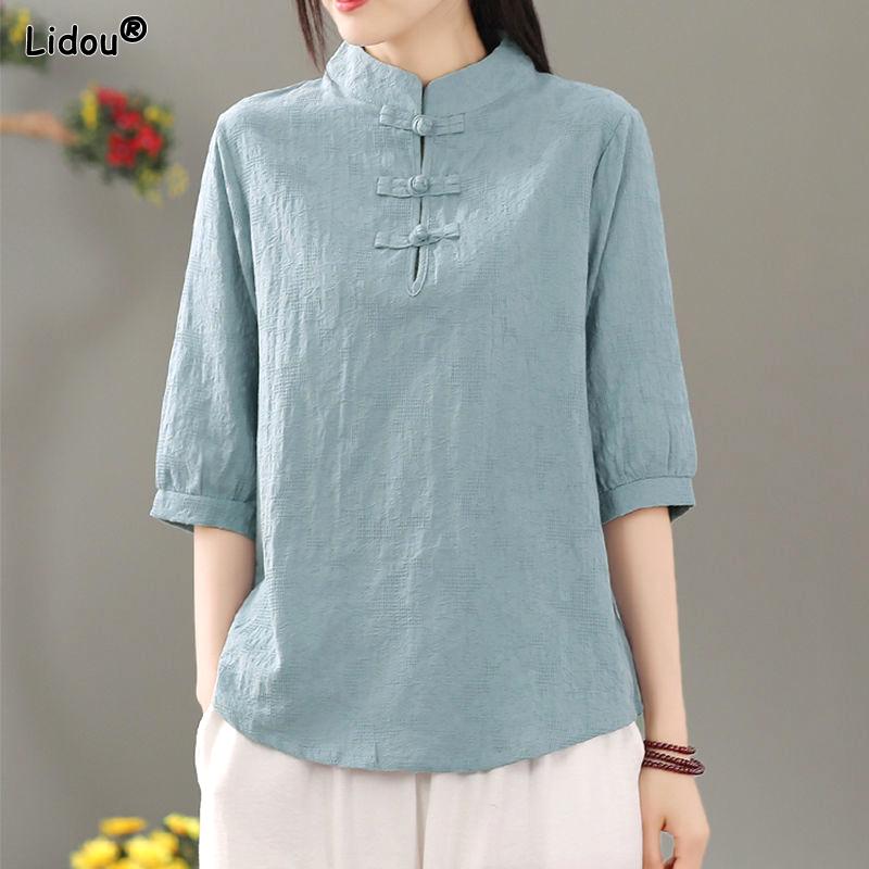 

Однотонные в китайском стиле свободные новые женские вещи с рукавом до локтя, на пуговицах, со стойкой, тонкие летние, простые, удобные футболки XXXL синий