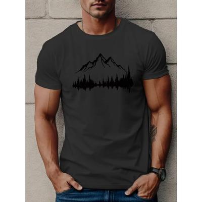 Summer Men's 100%  Casual Loose Large Size Mountains And Trees Printed Sports Comfortable Round Neck Short Sleeve T-shirt