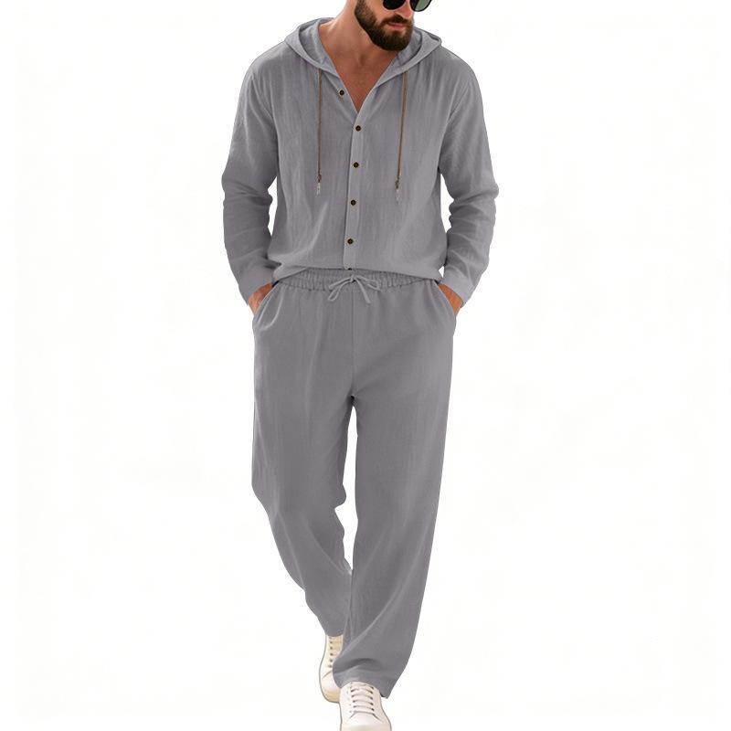 Completo casual da uomo in lino a due pezzi: camicia con cappuccio e bottoni e pantaloni a gamba dritta – perfetti per le vacanze al mare in primavera/estate