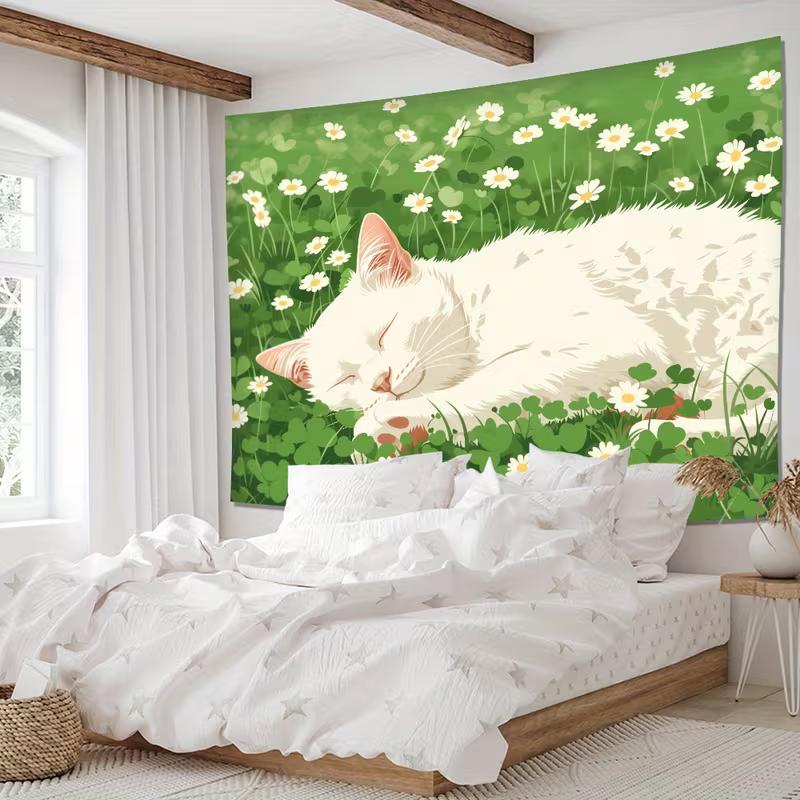 2D Adorable Sleeping Cat in Flower Garden Tapestry Green Grassland Art Wall Decor Cloth for Home & Bedroom