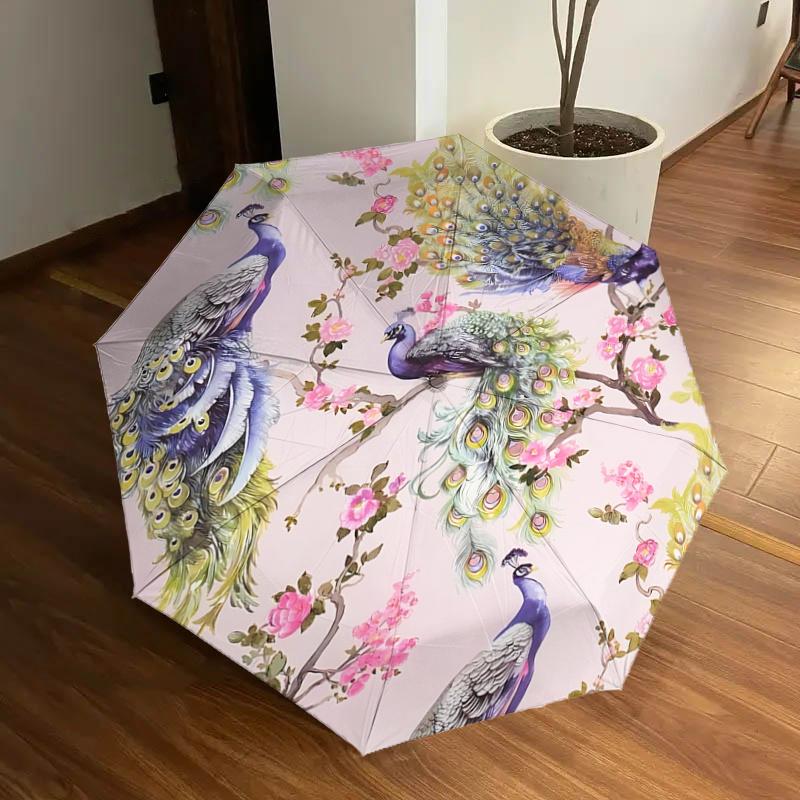 

Peacock Feathers & Floral Blossoms Automatic Opening Folding Umbrella - Portable 3-Fold Design with Iron Frame for Outdoor Use, Festive Gift