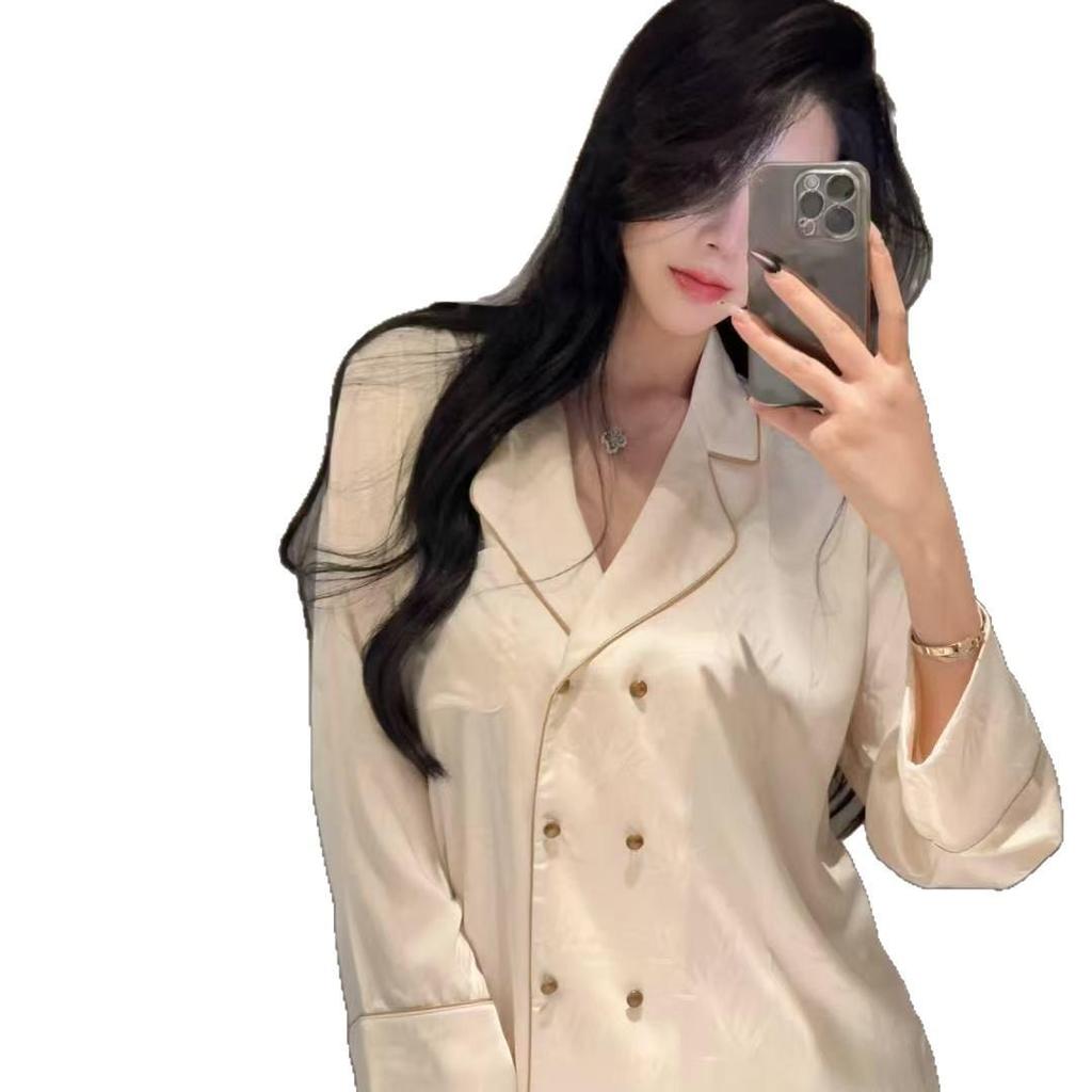 Ice Silk Women's Pajamas - Spring/Autumn Long Sleeve with Jacquard Pattern, Chinese-Style Retro Elegance, Button-Front Silk Loungewear