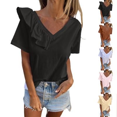 Women's Fashion Solid Color V-Neck Short Sleeve T-Shirt With Half Ruffle  Shirt