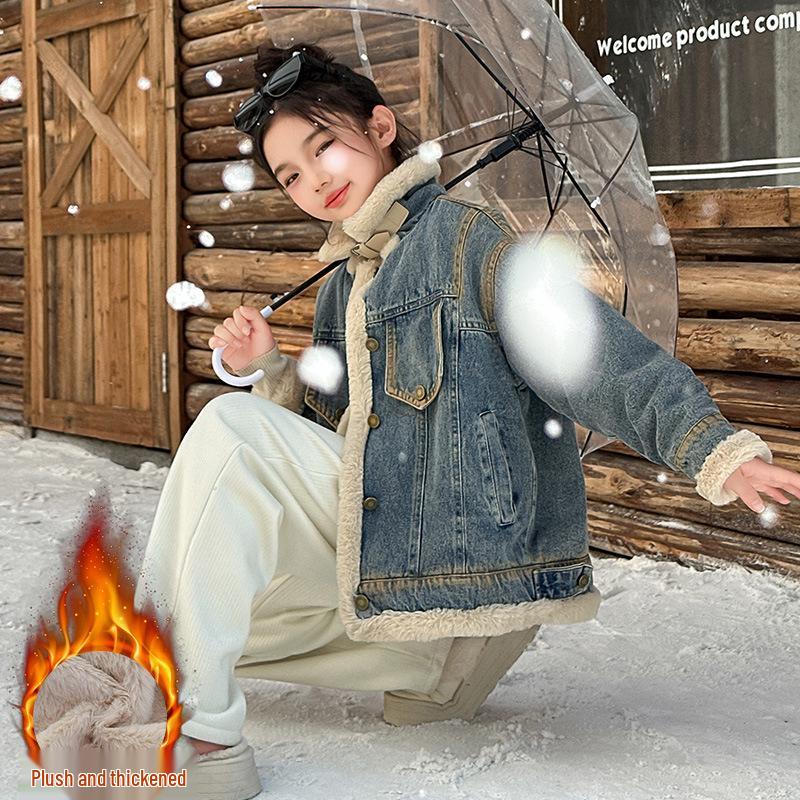 

Девичья модная джинсовая куртка на флисовой подкладке 2025 - Теплый зимний кардиган 130 cm