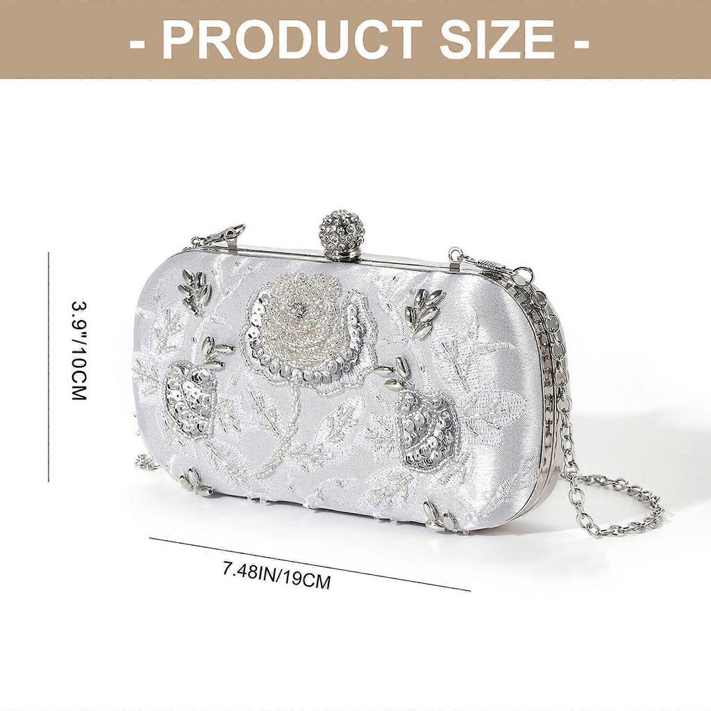 Elegant Floral Embroidered Beaded Bag Evening Bag For Women Lightweight Polyester Multipurpose Shoulder Handbag Silver