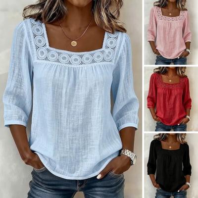 Chemise Femme Col Carré Manches 3/4 Couleur Unie Blouse Décontractée Coupe Ample Dentelle Insérée Été Hauts Respirants