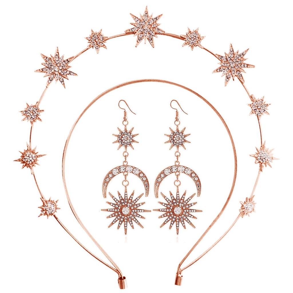 Baroque Sun & Moon Earrings Set with Halo Headband, Double-Layer Star Design & Sparkling Long Earrings