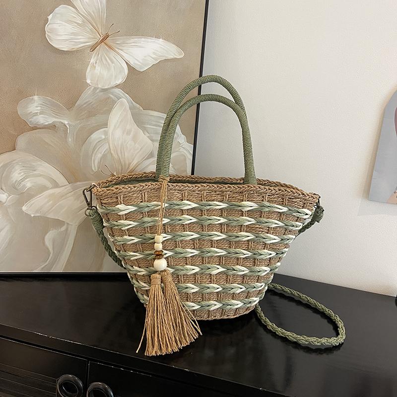 Contra-color Women's Woven Tote Shoulder Bag Eco-friendly Material Fine Workmanship Excellent Quality Holiday Shopping Date