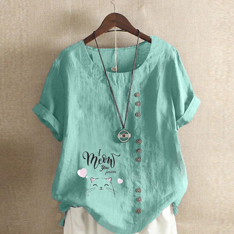 Women's Fashion Cat Letters Prined Short Sleeve T-shirt Loose Cotton Shirt Casual Loose Summer Blouse Tops Plus Size