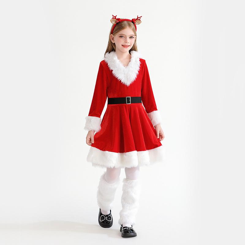 Christmas Children's Clothing Girls Long Sleeves Red Dress Party Dress Up Santa Claus