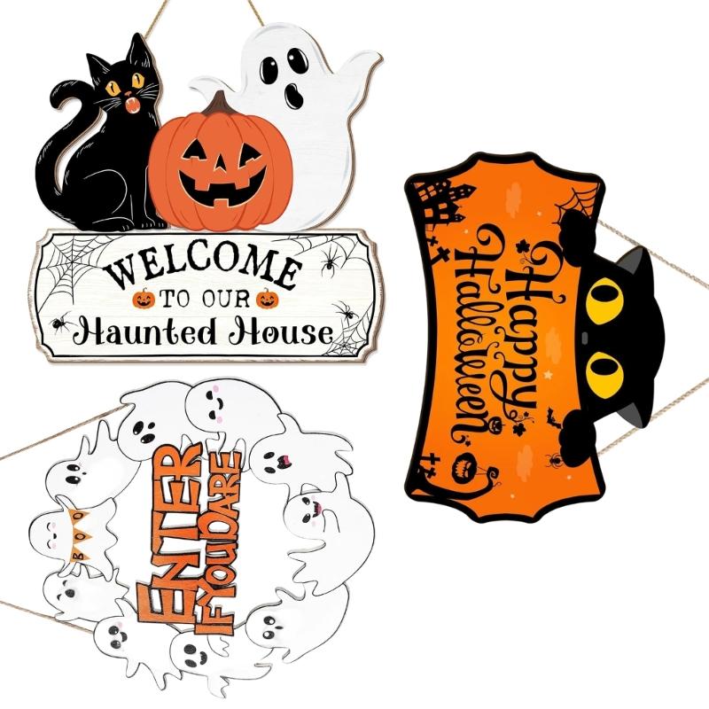Handcrafted Wooden Halloween Door Hanger With Spooky Skeleton And Pumpkin Artwork Holiday Wooden Signboard