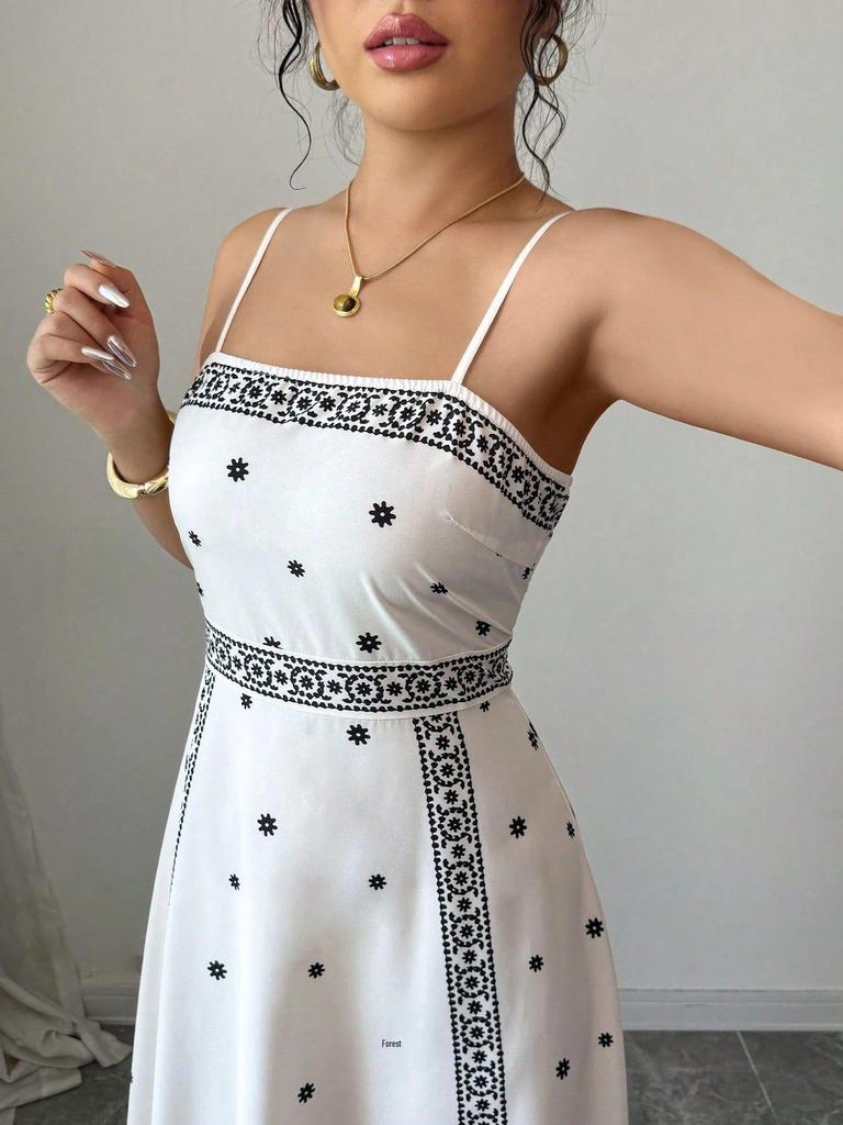 Women's Elegant Off-Shoulder Floral A-Line Long Dress with Spaghetti Straps