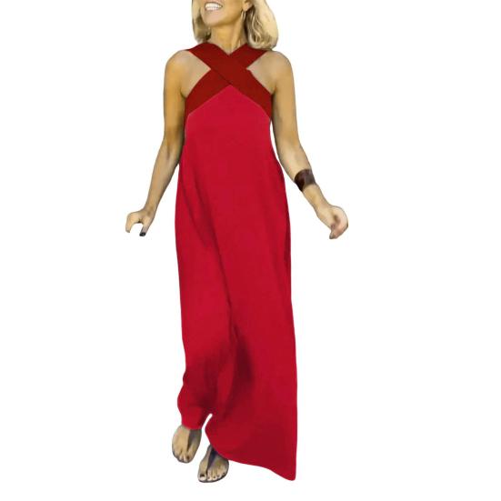Abito da donna con scollo all'americana incrociato, senza maniche, estivo, sexy, senza schiena, linea ad A, lungo, con spalle scoperte, boho, lungo