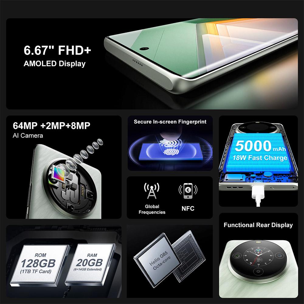 FOSSiBOT Smartphone S3 Pro 4G, Ecran AMOLED Curbat de 6,67", Ecran Spate de 1,09"