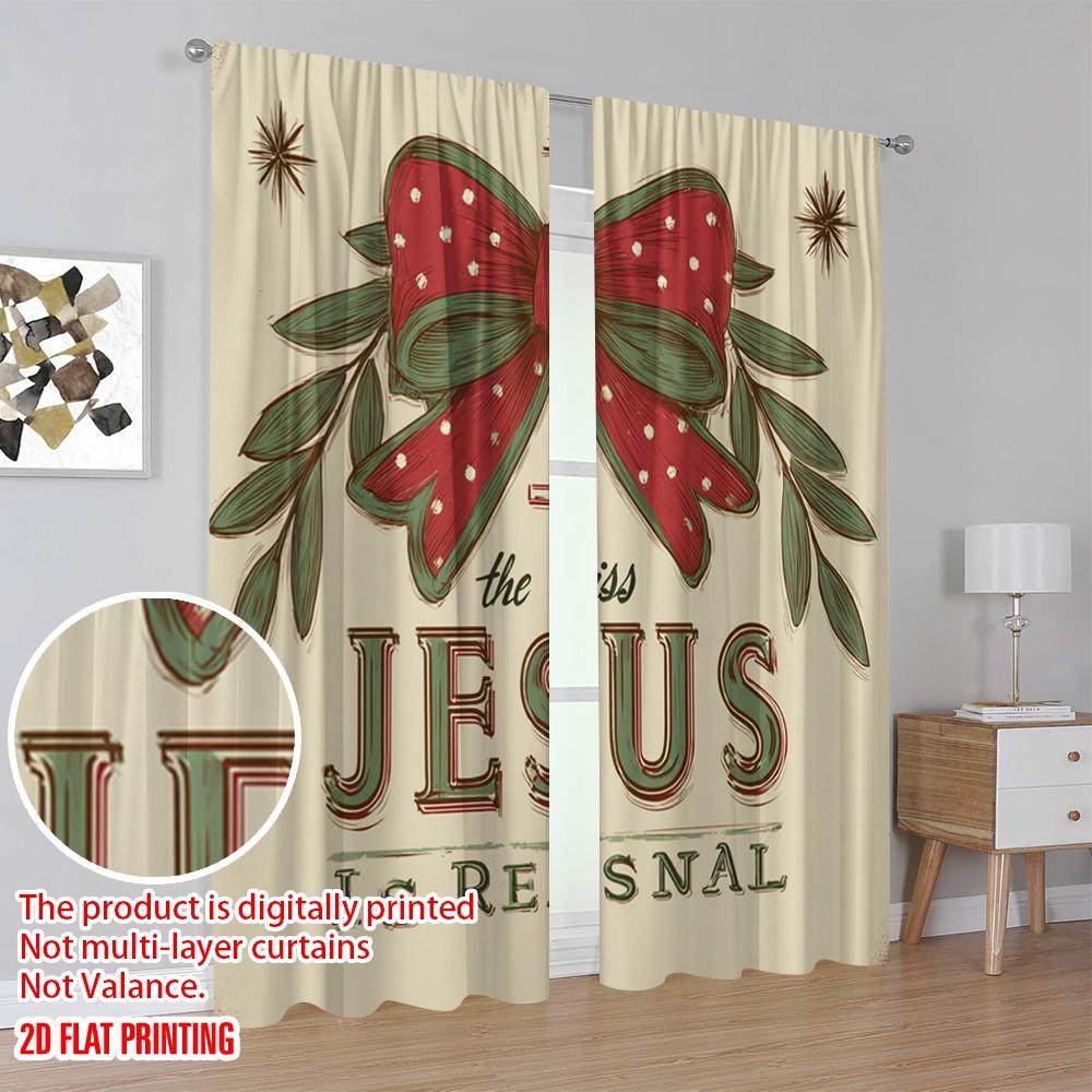 2pcs,2D Plane Printing Popular Curtain Panels Red Dot Bow Versatile Durable Polyester (without Rod) Festive for Bedroom, Living