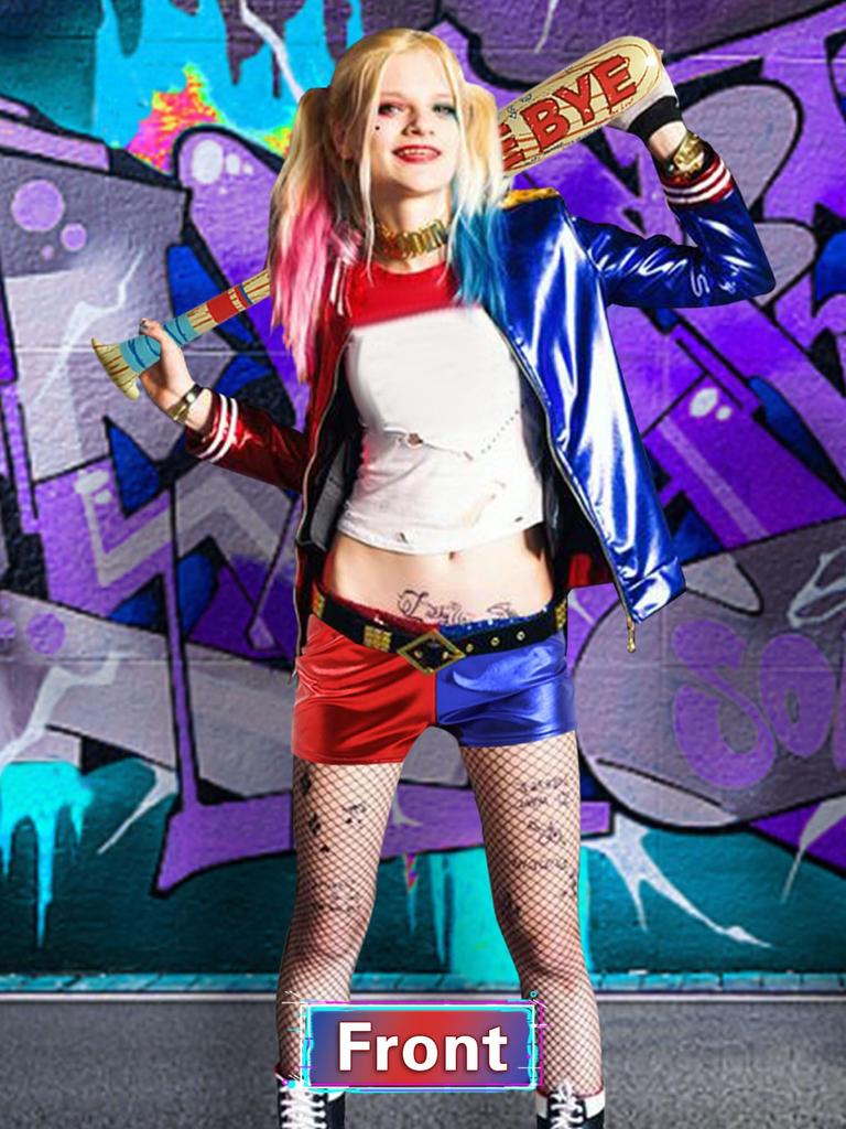 Strój Cosplay Matreeglam Harley Quinn na Halloween z zestawem dla dorosłych i idealny na szkolne występy kulturalne i sceniczne, rekwizyty, 8-częściowy dla dziewcząt,